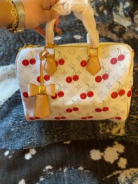 Louis Vuitton White Cherry-Print Speedy 30 Satchel